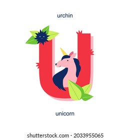 ilustración del alfabeto vector para el libro infantil, letra u con animales, 
 erizo y unicornio