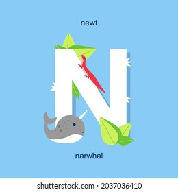 vector alphabet illustration for children's book, letter n with animals, newt and narwhal