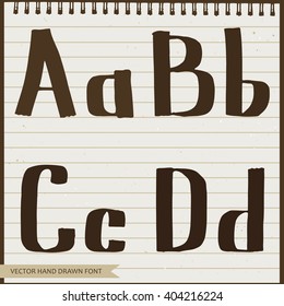 Vector alphabet. Vector illustration of the hand drawn alphabet letters written by ink and pen on the textured metered notebook background. Handwritten script.  Vector cursive.