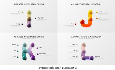 Vector alphabet infographic 3D realistic colorful balls presentation bundle. Creative bright multicolor character design illustration layout. Modern art I, J, K, L symbols visualization template set.