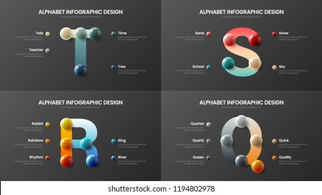 Vector alphabet infographic 3D realistic colorful balls presentation bundle. Creative bright multicolor character design illustration layout. Modern art Q, R, S, T symbols visualization template set.