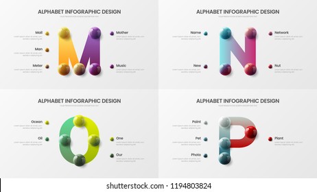 Vector alphabet infographic 3D realistic colorful balls presentation bundle. Creative bright multicolor character design illustration layout. Modern art M, N, O, P symbols visualization template set.