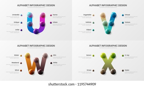 Vector alphabet infographic 3D realistic colorful balls presentation bundle. Creative bright multicolor character design illustration layout. Modern art U, V, W, X symbols visualization template set.