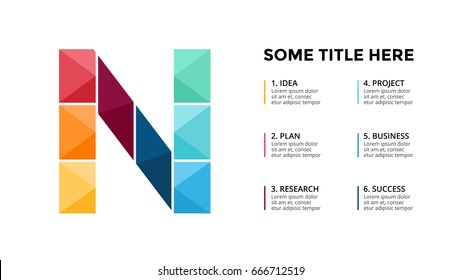 Vector alphabet infographic, presentation slide template. Business concept with letter N and place for your text. 16x9 aspect ratio.