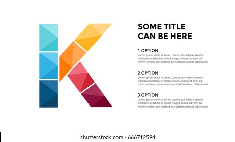 Vector alphabet infographic, presentation slide template. Business concept with letter K and place for your text. 16x9 aspect ratio.