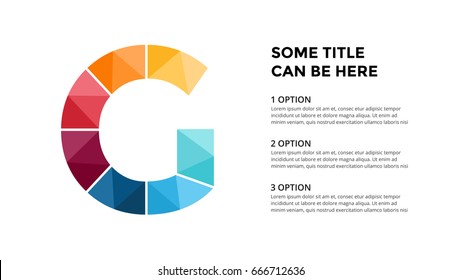 Vector alphabet infographic, presentation slide template. Business concept with letter G and place for your text. 16x9 aspect ratio.