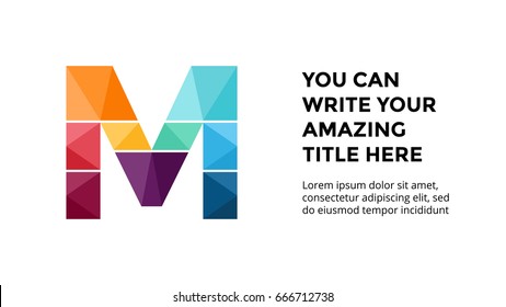 Vector alphabet infographic, presentation slide template. Business concept with letter M and place for your text. 16x9 aspect ratio.
