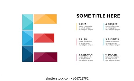 Vector alphabet infographic, presentation slide template. Business concept with letter E and place for your text. 16x9 aspect ratio.