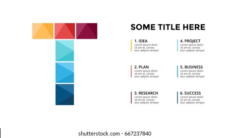 Vector alphabet infographic, presentation slide template. Business concept with letter T and place for your text. 16x9 aspect ratio.