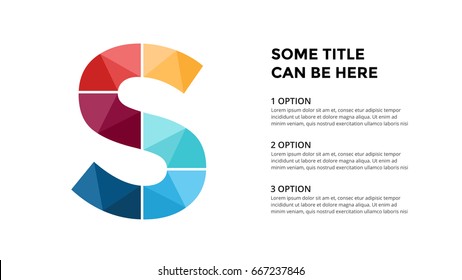 Vector alphabet infographic, presentation slide template. Business concept with letter S and place for your text. 16x9 aspect ratio.
