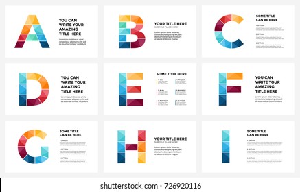 Vector alphabet infographic, presentation slide template. Business infographics concept with letters A, B, C, D, E, F, G, H, I and info graphic place for your text. 16x9 aspect ratio.