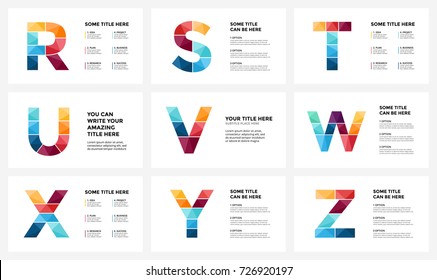 Vector alphabet infographic, presentation slide template. Business infographics concept with letters R, S, T, U, V, W, X, Y, Z and info graphic place for your text. 16x9 aspect ratio.