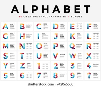 Infográfico do alfabeto vetorial, modelo de slide de apresentação. Conceito tipográfico de negócios com todos os números e letras. Relação de aspecto 16x9. 36 infográficos em 1 pacote de infográficos. Tipo latino.