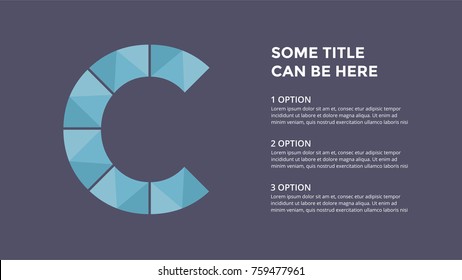 Vector alphabet infographic. Presentation slide template. Business font concept with letter C and place for your text. 16x9 aspect ratio. First leader.
