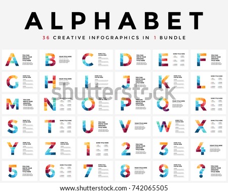 Vector alphabet infographic, presentation slide template. Business typographic concept with all numbers and letters. 16x9 aspect ratio. 36 infographics in 1 infographics bundle. Latin type.