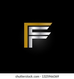 Vector alphabet initial letter F FF Gold Silver isolated on black background. Double font - Vector