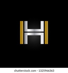 Vector alphabet initial letter H HH Gold Silver isolated on black background. Double font - Vector