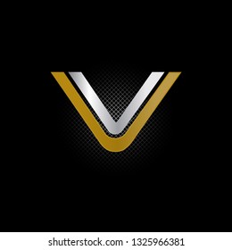 Vector alphabet initial letter V VV Gold Silver isolated on black background. Double font - Vector