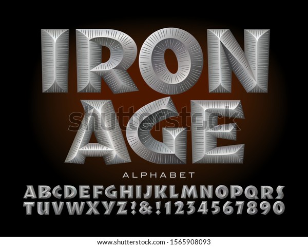 Vector alphabet; Iron Age font. A lettering\
style with an ancient metalwork effect. Typography for game logos,\
movie or television titling, historical, or sword & sorcery\
themed literature.