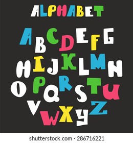 Vector alphabet isolated on black background. Hand drawn letters. Vector illustration