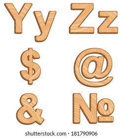 Vector alphabet isolated on white background. Set of three-dimensional letters with texture of wood