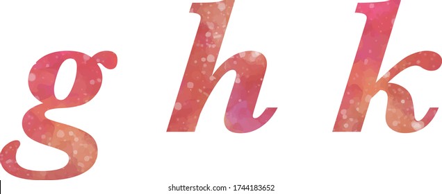 Vector alphabet italics serif, watercolor texture, red, orange, magenta, letters G H K