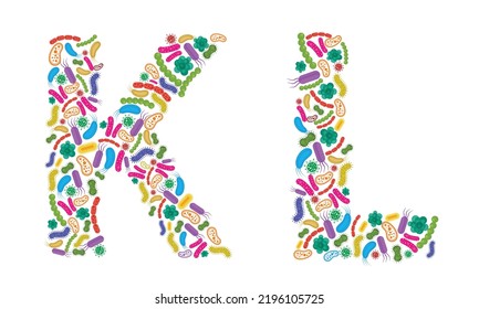 Vector alphabet K L made of Bacteria isolated on white background, bacteria font. Vector illustration.