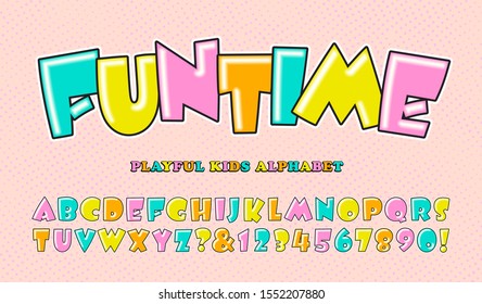 Vector alphabet for kids, fun events, parties, children's birthdays, school projects. Funtime font is fun, bouncy, goofy, wacky, and silly with a childlike bright color palette of four pastel hues.