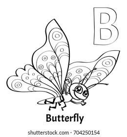 Vector alphabet letter B, coloring page. Butterfly