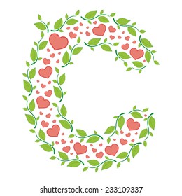 Vector alphabet  letter C made from green leaves and red hearts