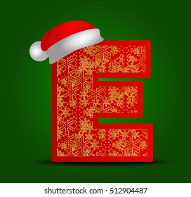 Vector alphabet letter E with christmas hat and gold snowflakes