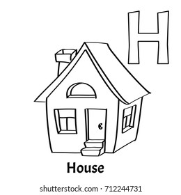 Vector alphabet letter H, coloring page. House