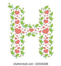 Vector alphabet letter H made from green leafs and red hearts