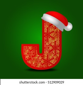Vector alphabet letter J with christmas hat and gold snowflakes