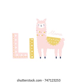 Vector alphabet letter L and llama