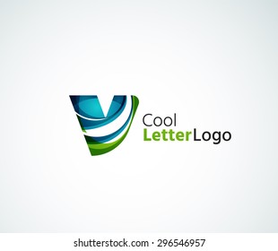 Logo für Vektoralphabeten-Buchstaben. Kreiert mit transparenten, sich überlappenden geometrischen Formen, Wellen und fließenden Elementen