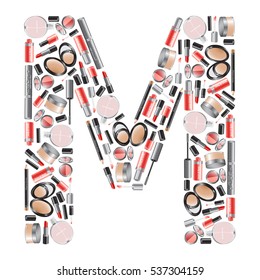 Vector alphabet letter "M"  with different cosmetics