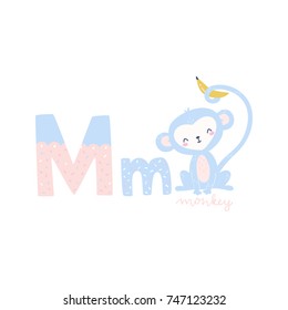 Vector alphabet letter M and monkey