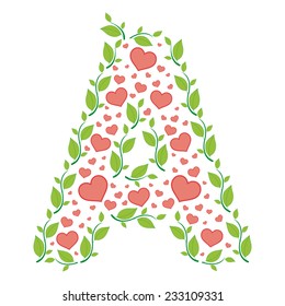 Vector alphabet  letter A made from green leaves and red hearts