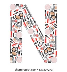 Vector alphabet letter "N"  with different cosmetics