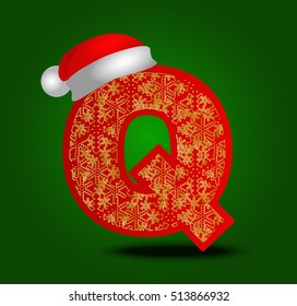 Vector alphabet letter Q with christmas hat and gold snowflakes