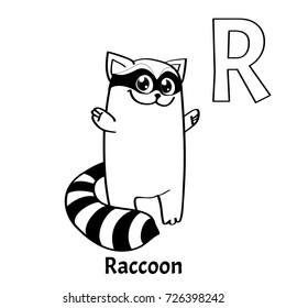 Vector alphabet letter R, coloring page. Raccoon