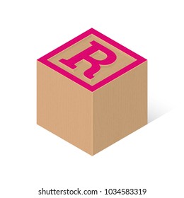 Vector alphabet letter R - wooden cube on a white background