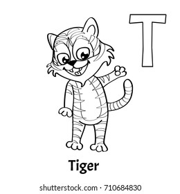 Vector alphabet letter T, coloring page. Tiger