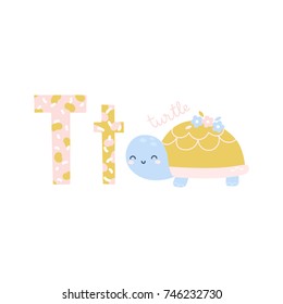 Vector alphabet letter T and turtle