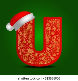 Vector alphabet letter U with christmas hat and gold snowflakes