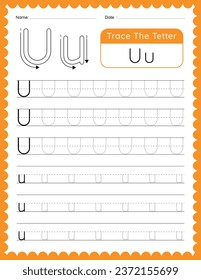 Vector Alphabet Letter 'U' Tracing worksheet for Kids