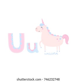 Vector alphabet letter U and unicorn