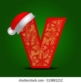 Vector alphabet letter V with christmas hat and gold snowflakes