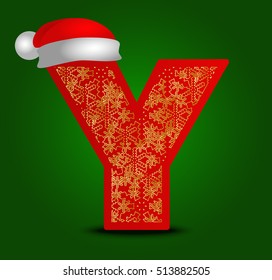 Vector alphabet letter Y with christmas hat and gold snowflakes
